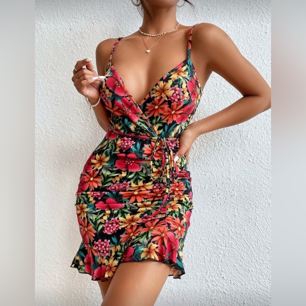 NWOT Floral Print Ruffle Hem Belted Cami Bodycon Dress!